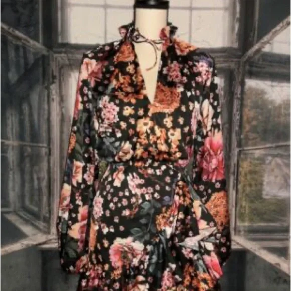 Torn By Ronny Kobo Black Floral Asymmetric Ruffled Mini Dress Size L - Picture 4 of 6